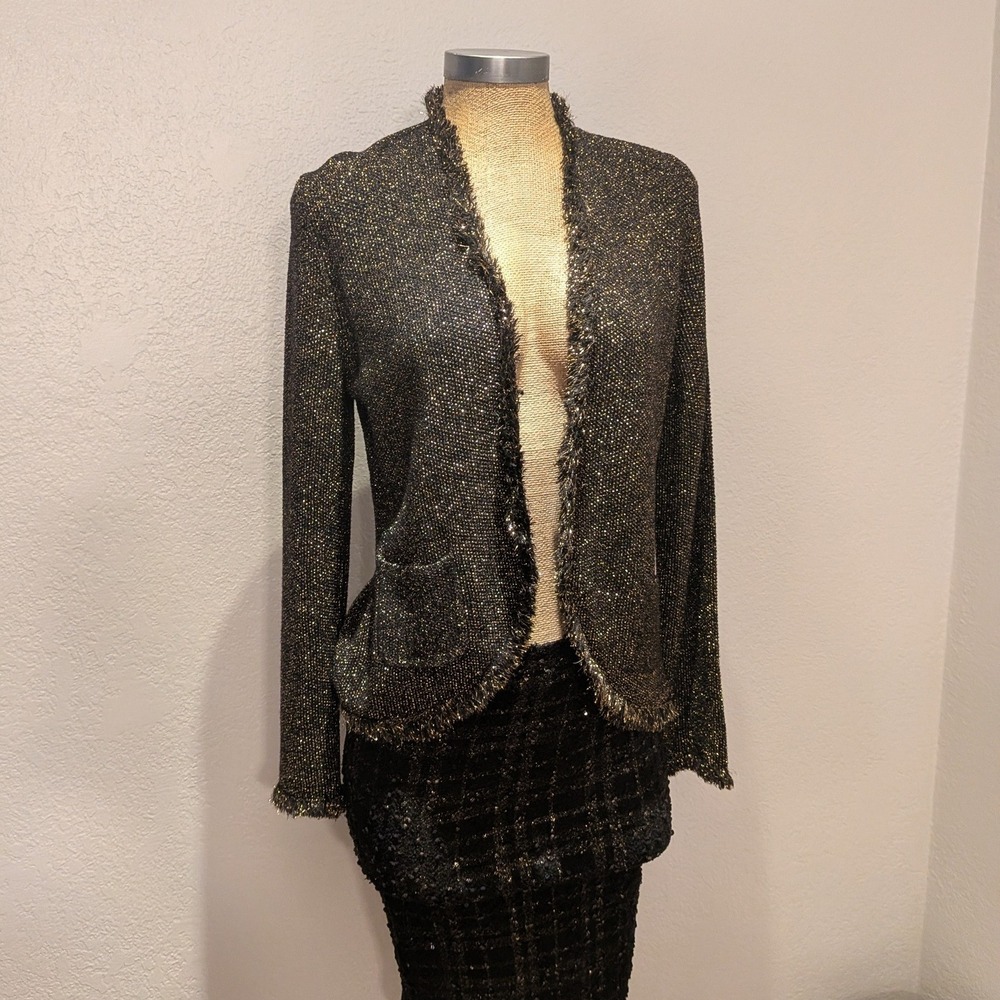 INC Cardigan Sweater Womens L Black Gold Metallic Fringe Open Front Shimmer